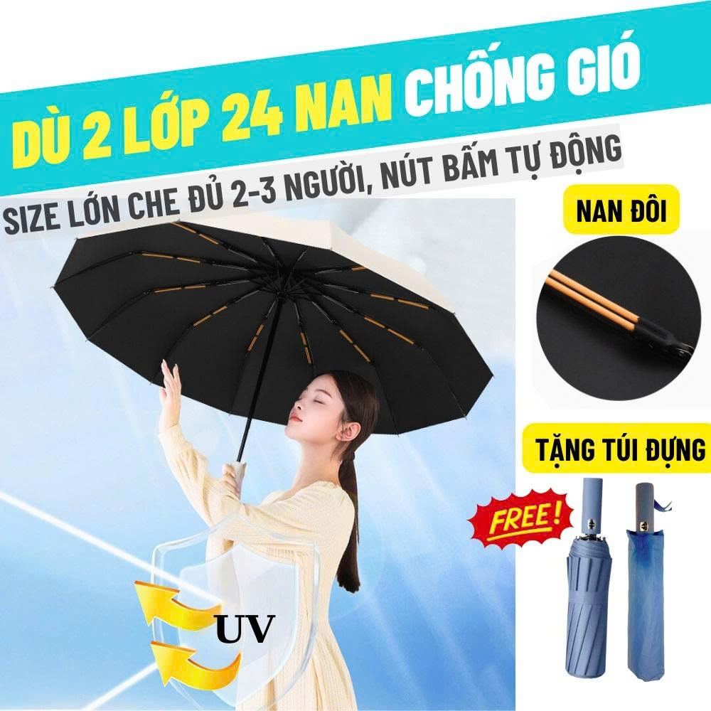 Ô dù che nắng che mưa 24 nan kép , gấp gọn tự động