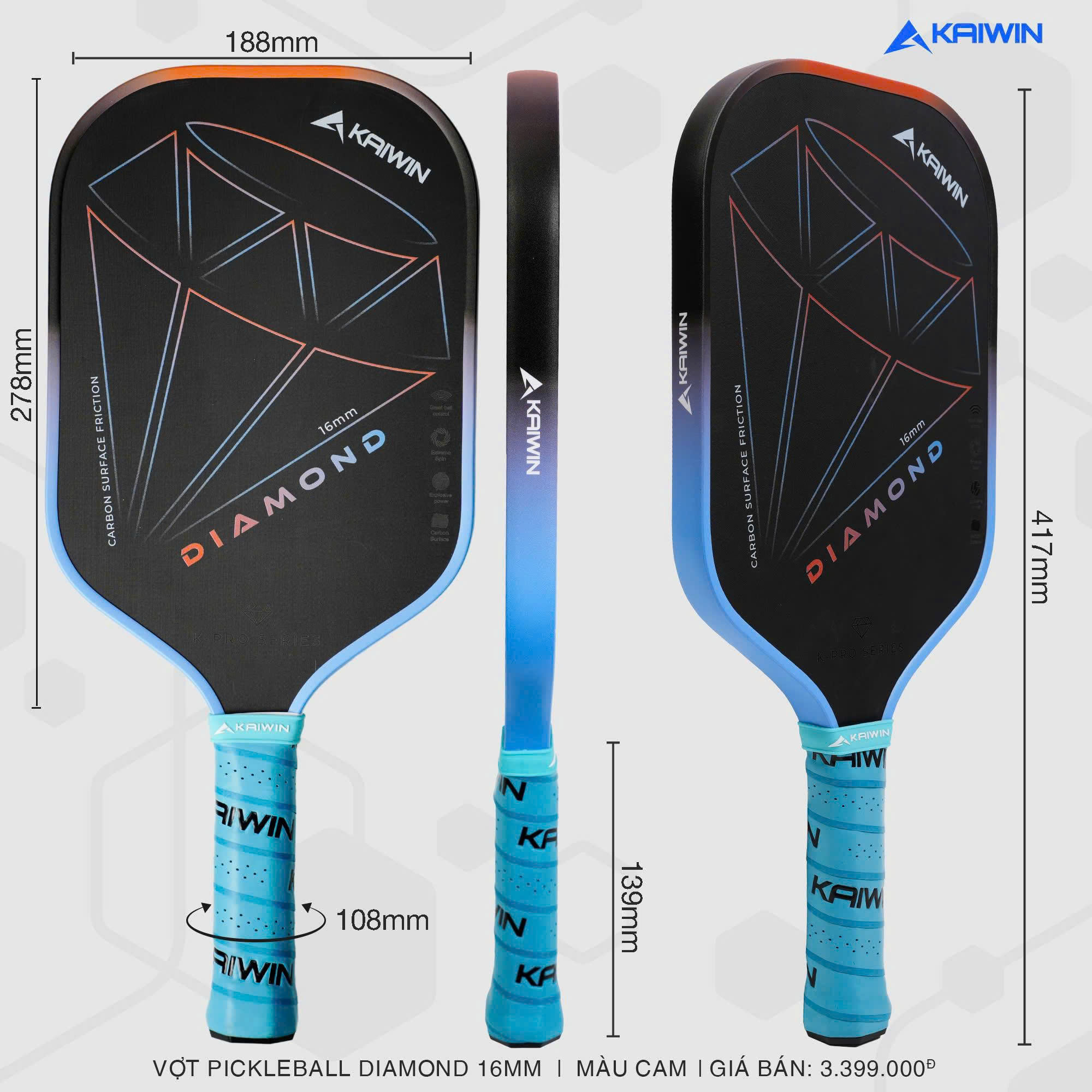 VỢT PICKLEBALL KAIWIN DIAMOND GEN 1 - 16MM