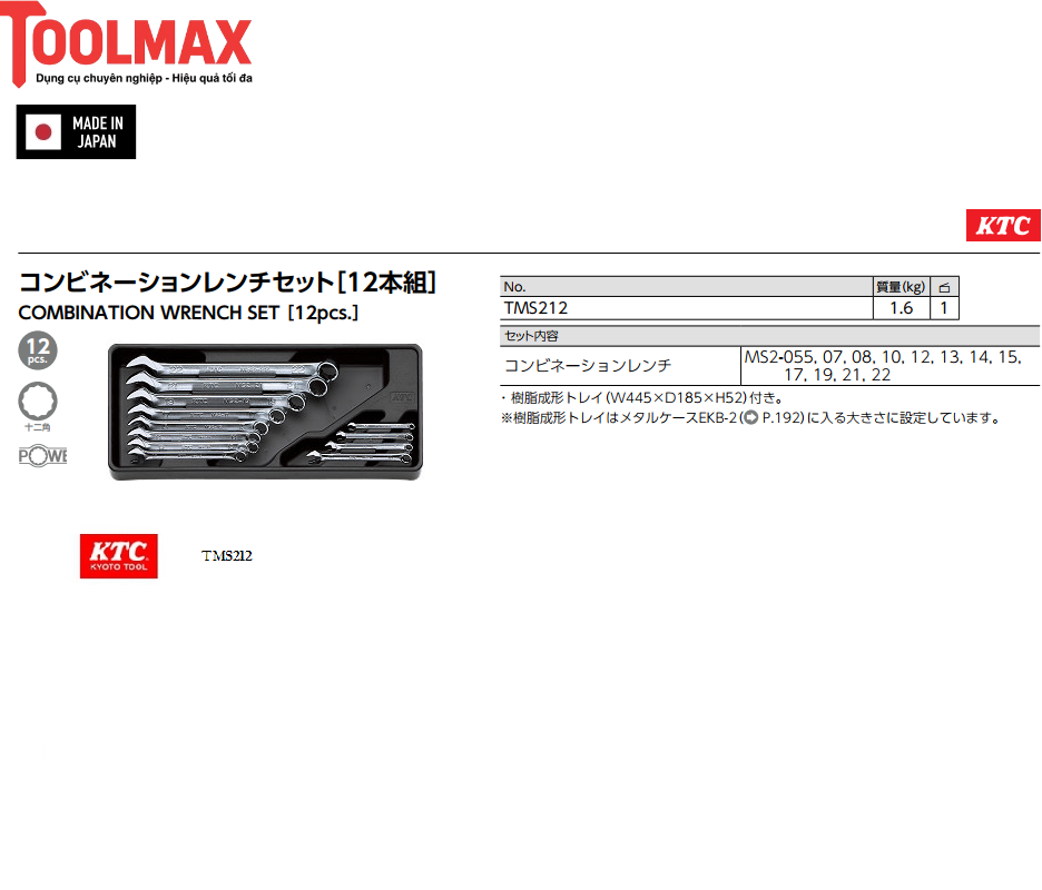 Bộ cờ lê vòng miệng KTC TMS212