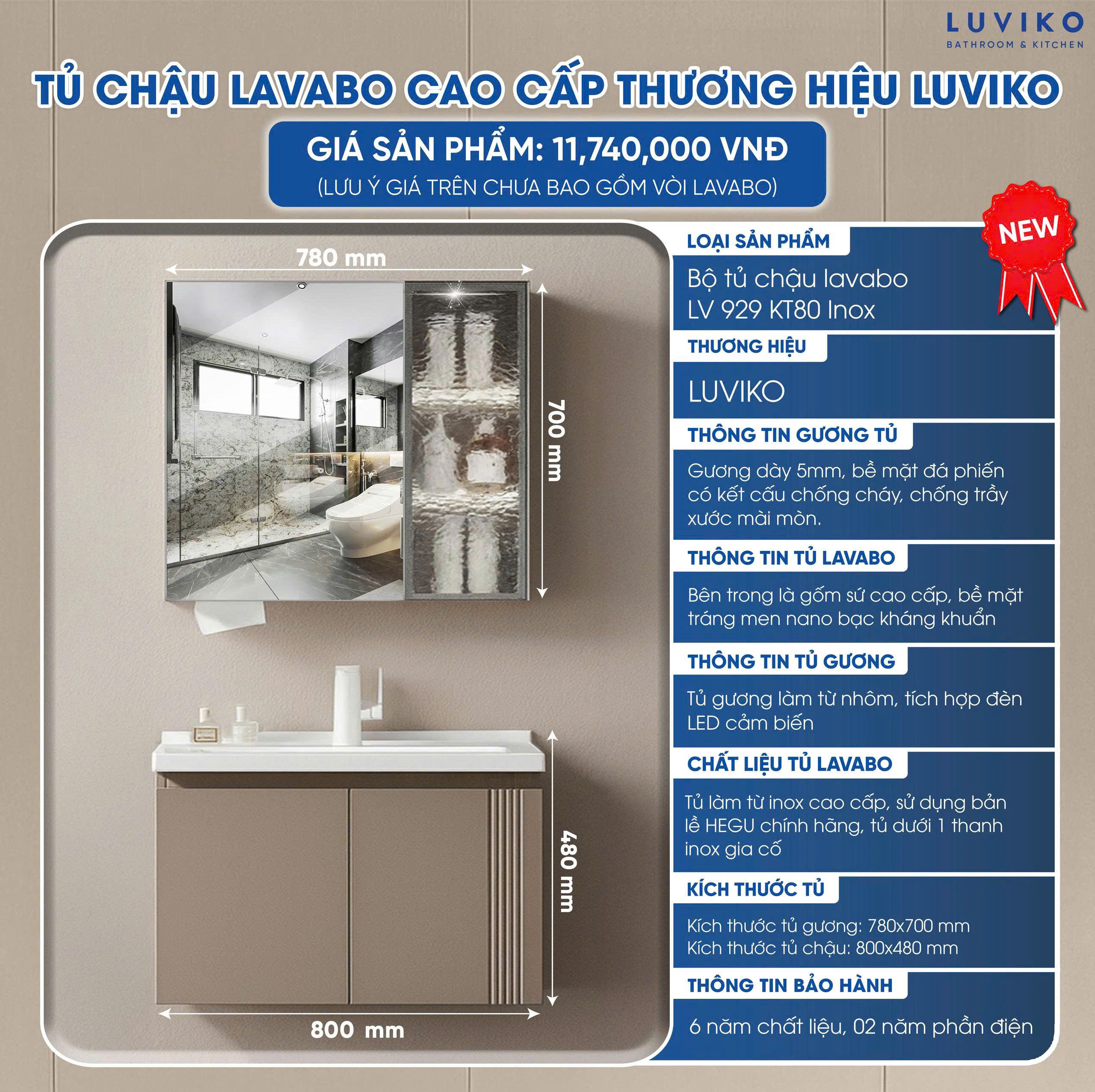 Tủ chậu Lavabo Luviko LV929KT80 INOX