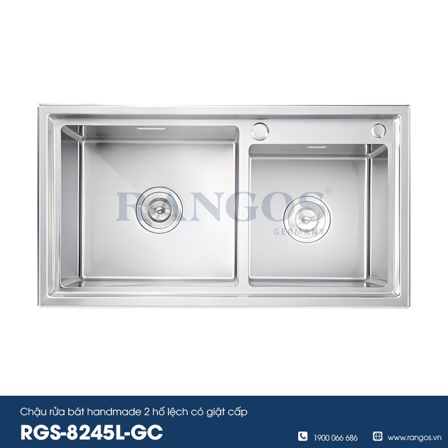 Chậu rửa bát handmade 2 hố lệch có giật cấp RGS-8245L-GC(Tặng kèm bộ hút dàu rửa bát)