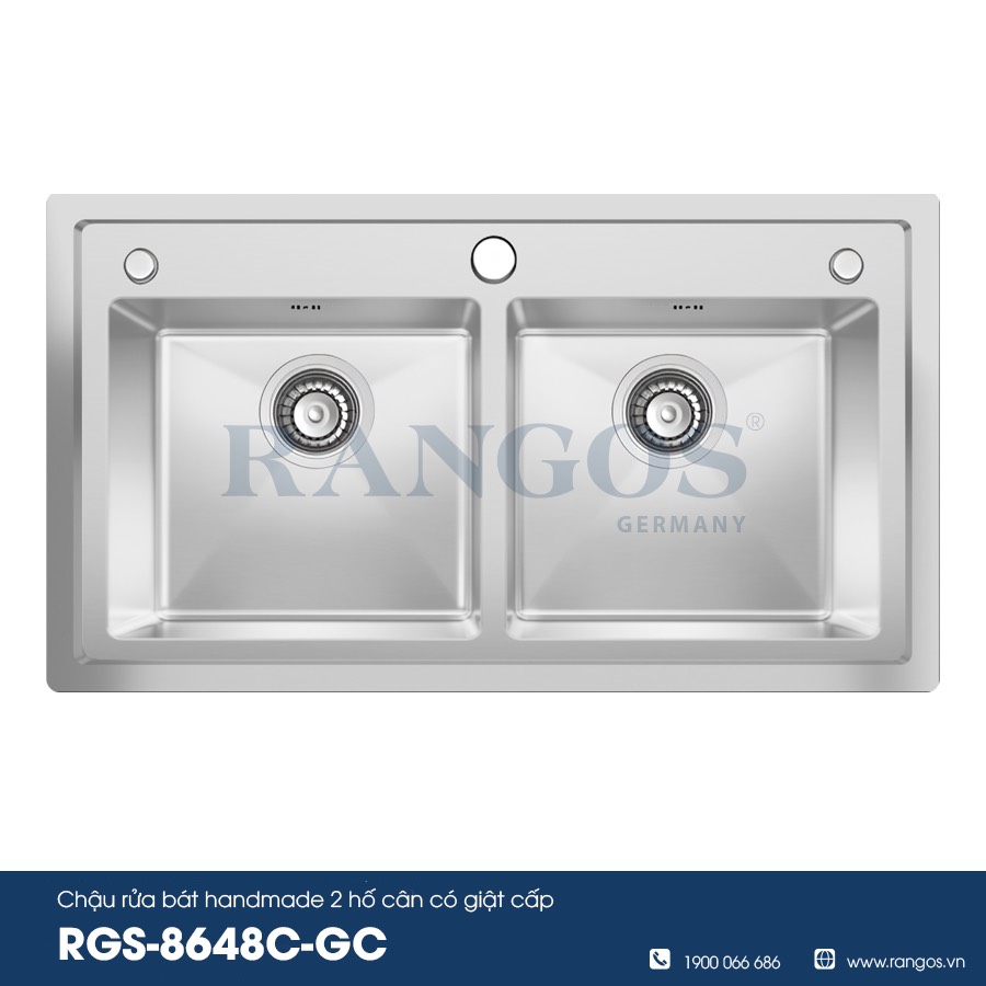 Chậu rửa bát handmade 2 hố cân có giật cấp RGS-8648C-GC(Tặng kèm bộ hút dàu rửa bát)