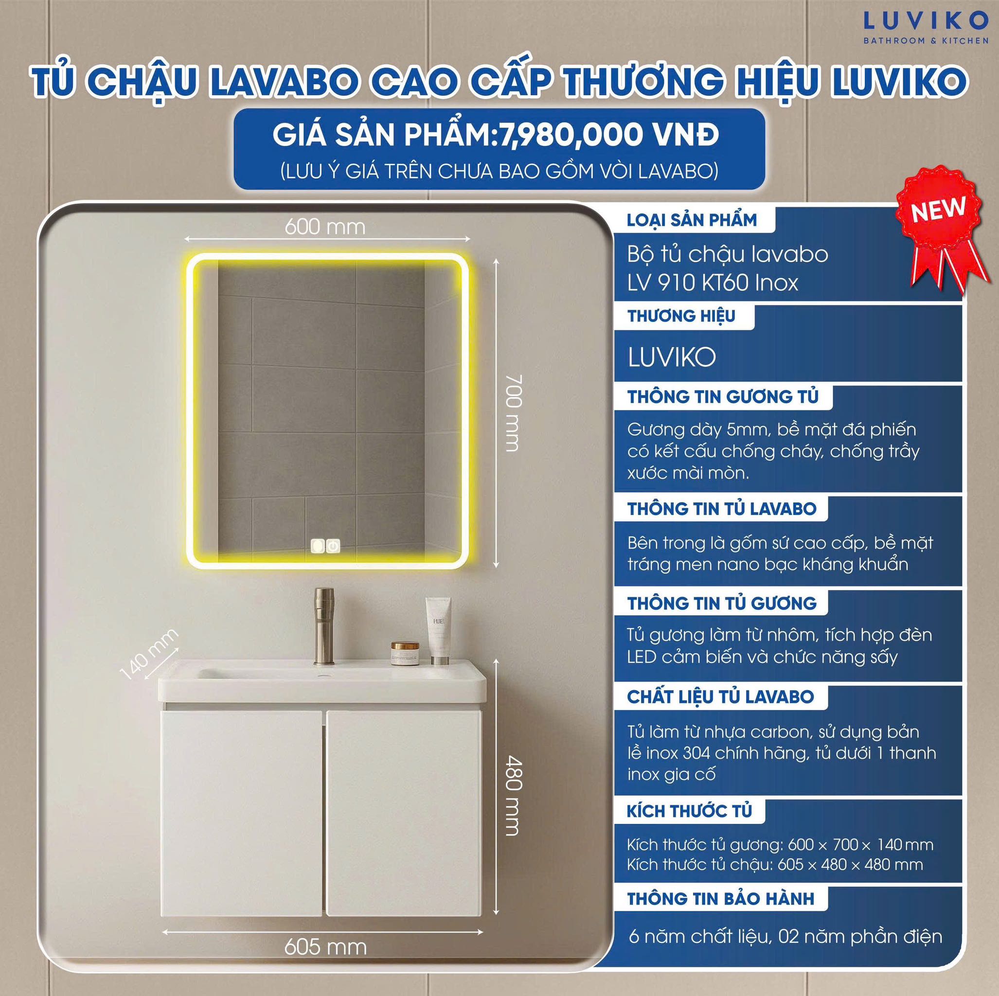 Tủ chậu Lavabo Luviko LV910KT60 INOX