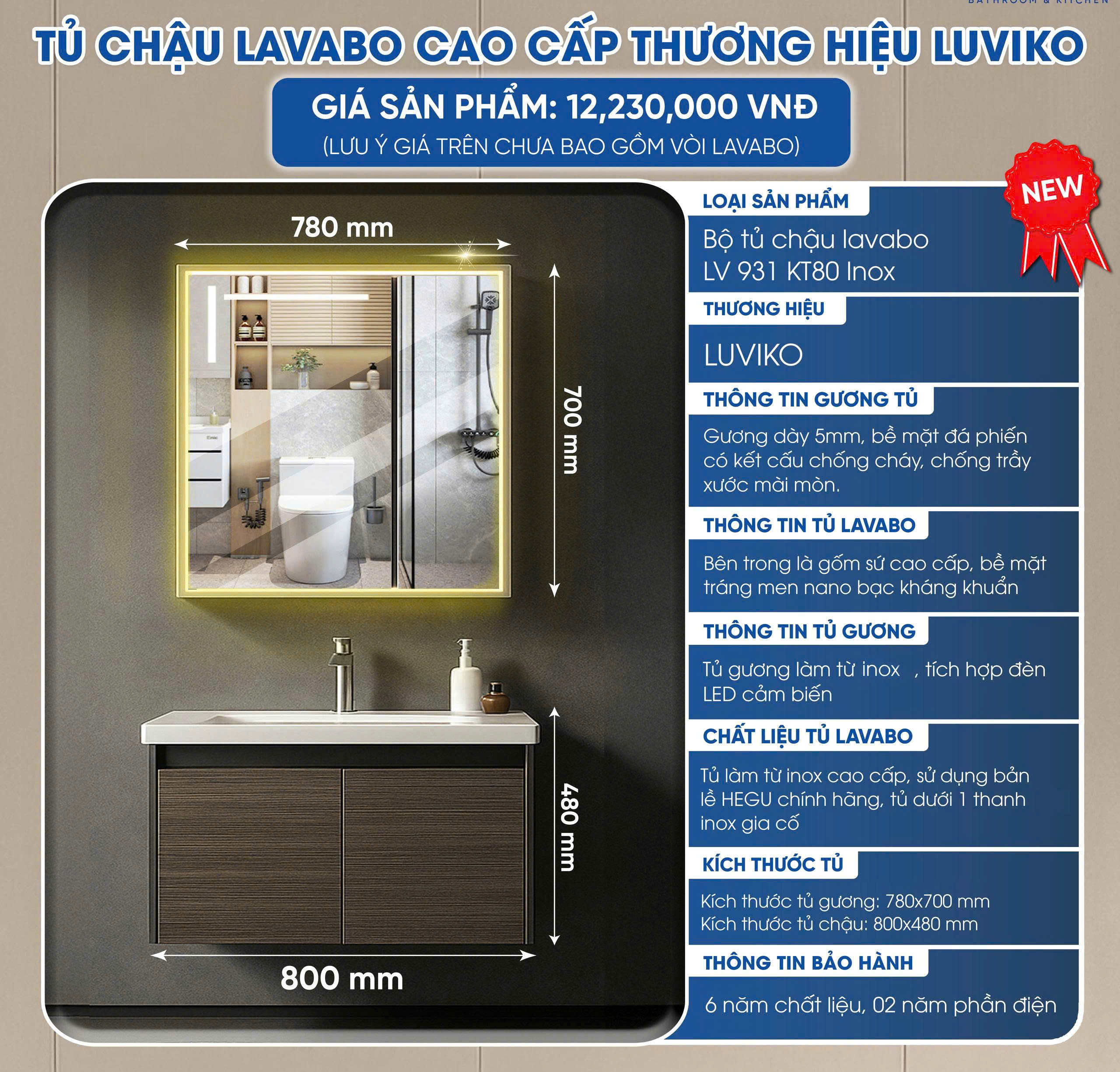Tủ chậu Lavabo Luviko LV931KT80 INOX