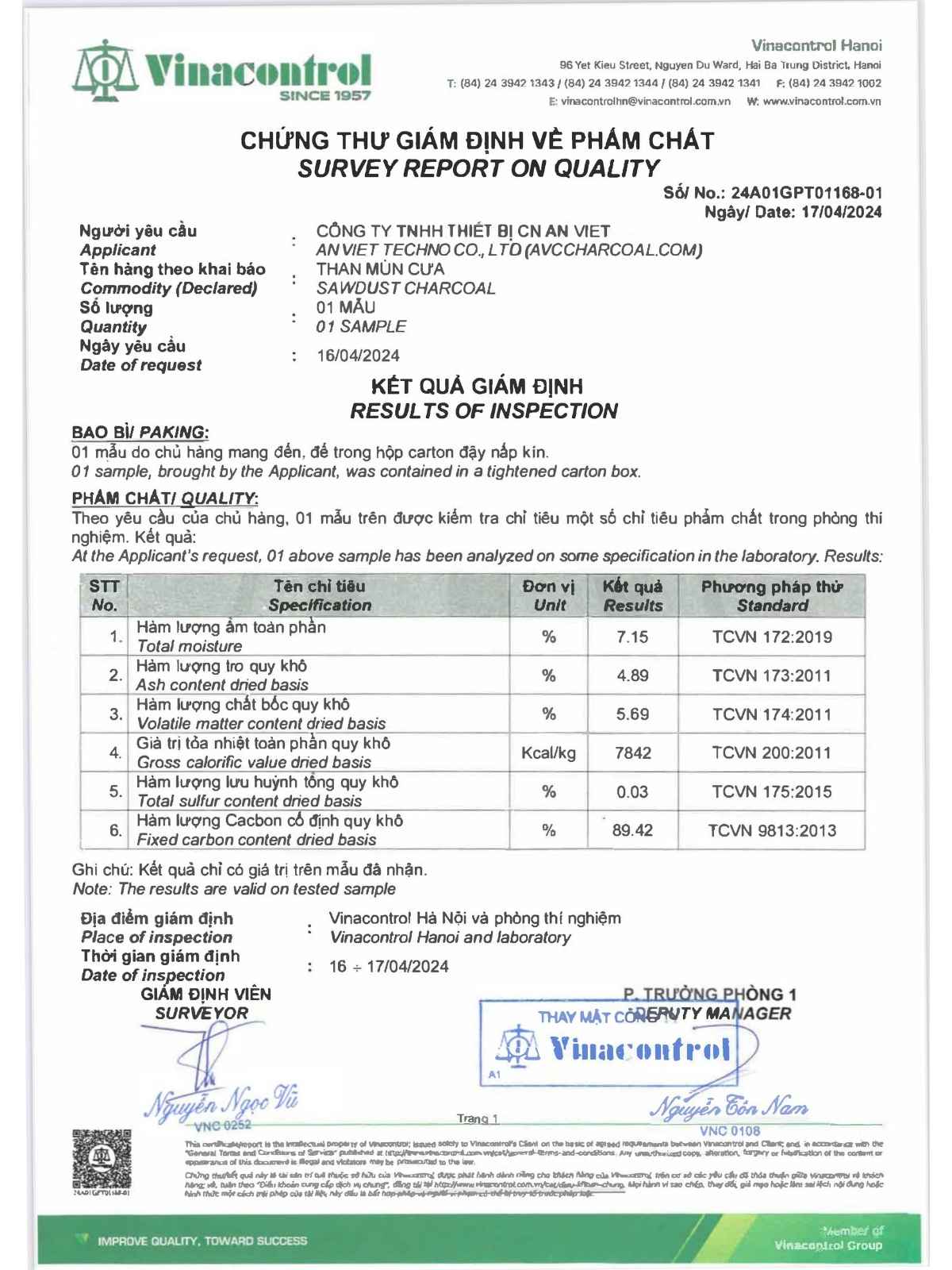 Vinacontrol analysis reports for AVC Grade A and Grade B sawdust briquette charcoal, The best manufacturer and exporter sawdust briquette charcoal in Vietnam