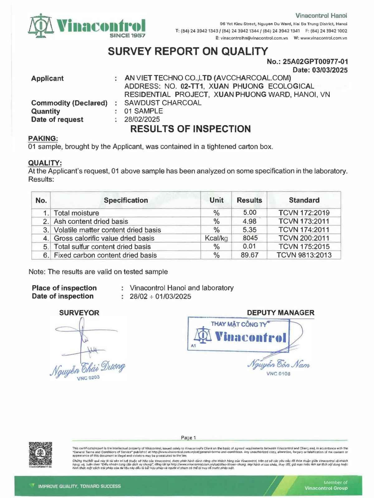 Vinacontrol analysis reports for AVC Grade A and Grade B sawdust briquette charcoal, The best manufacturer and exporter sawdust briquette charcoal in Vietnam
