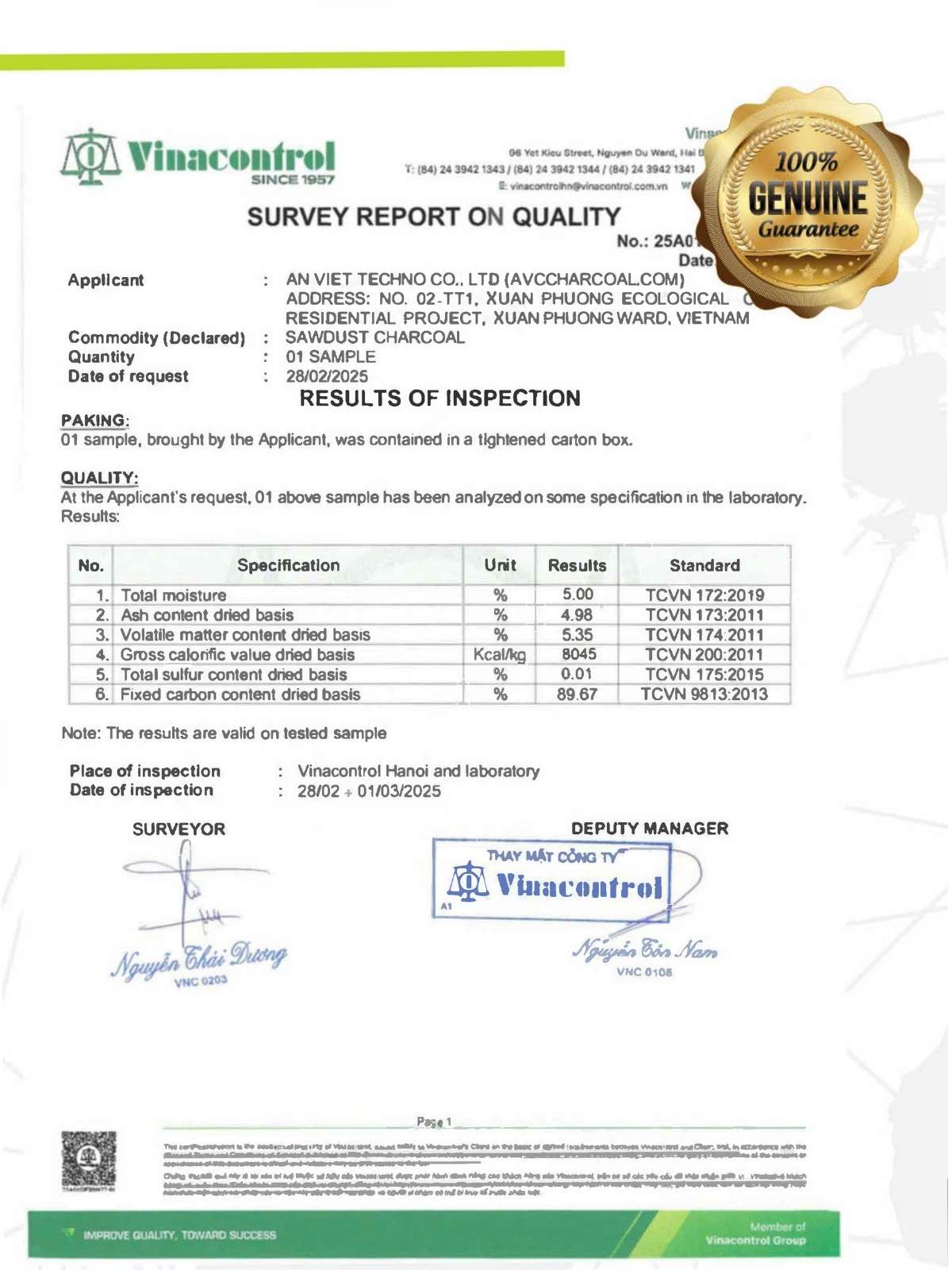 Vinacontrol analysis reports for AVC Grade A and Grade B sawdust briquette charcoal, The best manufacturer and exporter sawdust briquette charcoal in Vietnam