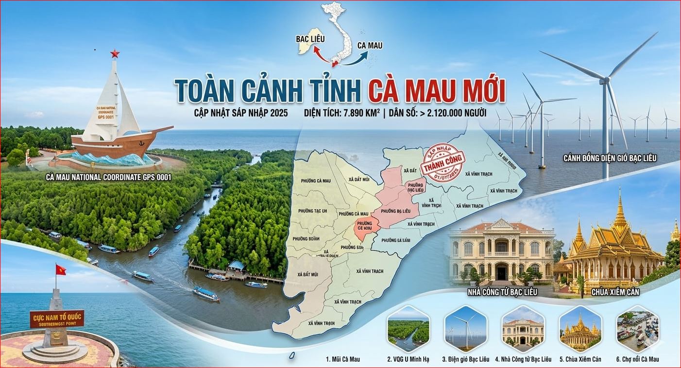 Tỉnh Cà Mau trước và sau sáp nhập: Toàn cảnh thay đổi mới nhất 2025