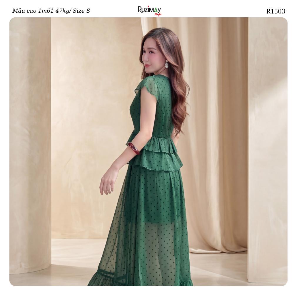 R1500 Đầm maxi Ruzimay tay hến chấm bi voan dáng dài