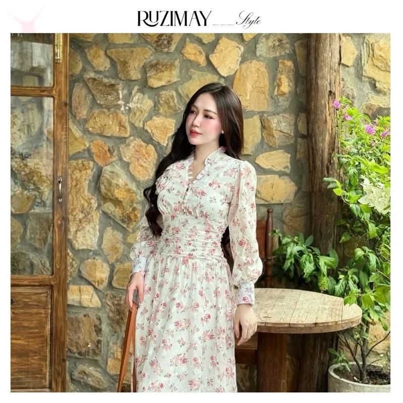 Đầm Maxi Ruzimay Tay Dài Cổ Khuy Bèo R1003