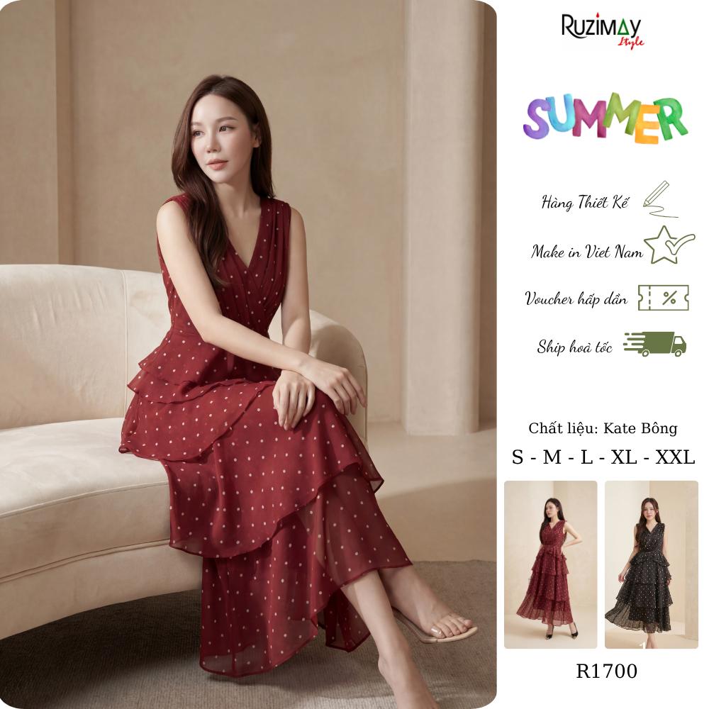 Đầm Maxi Ruzimay Chấm Bi Xếp Tầng Cổ Đắp Chéo R1700