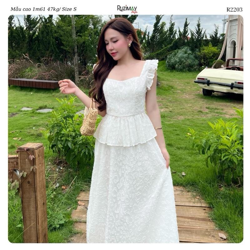 R2200 Đầm Maxi Cổ Tim Mềm Tay Bèo Dáng Dài Ruzimay Flora Peplum
