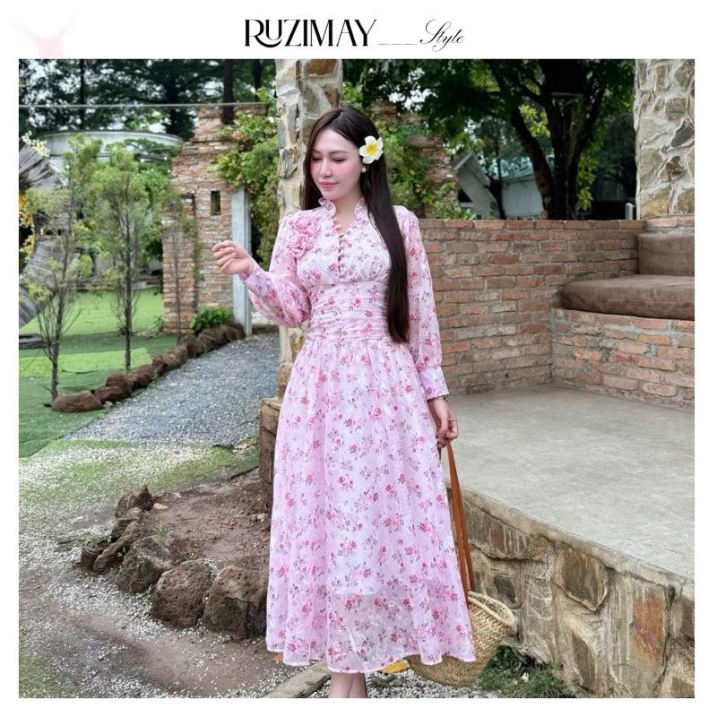 Đầm Maxi Ruzimay Tay Dài Cổ Khuy Bèo R1001