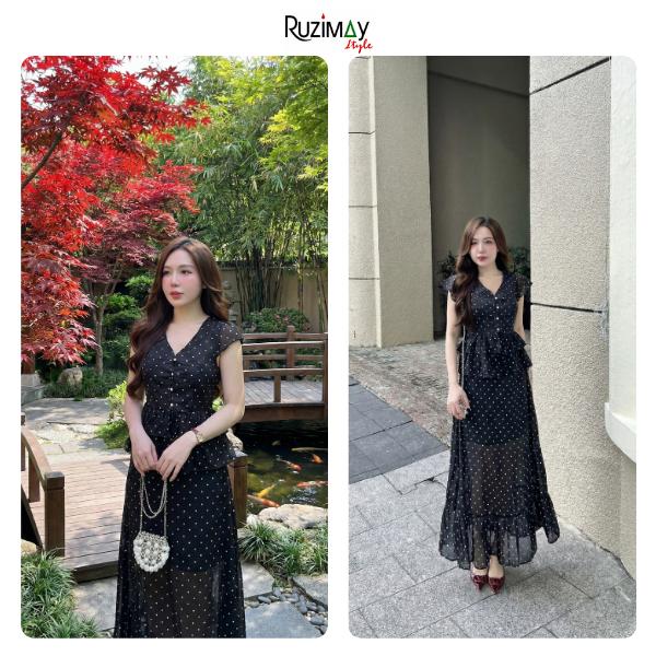 Đầm maxi Ruzimay tay hến chấm bi voan dáng dài R1500
