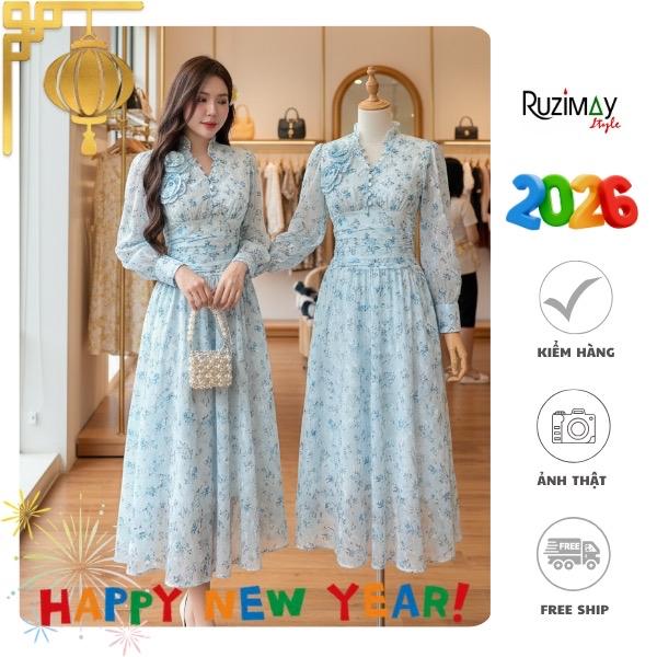 Đầm Maxi Ruzimay Tay Dài Cổ Khuy Bèo R1002