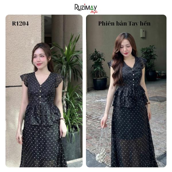 Đầm maxi Ruzimay tay hến chấm bi voan dáng dài R1500