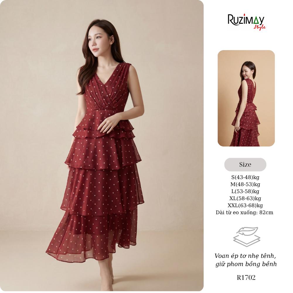 Đầm Maxi Ruzimay Chấm Bi Xếp Tầng Cổ Đắp Chéo R1700