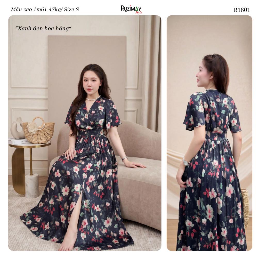 Đầm Maxi Voan Hoa Cổ V Tay Cánh Tiên Xẻ Tà Ruzimay R1800 – Dáng Dài Nữ Tính Đi Biển Dự Tiệc