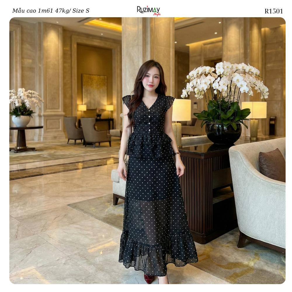 R1500 Đầm maxi Ruzimay tay hến chấm bi voan dáng dài