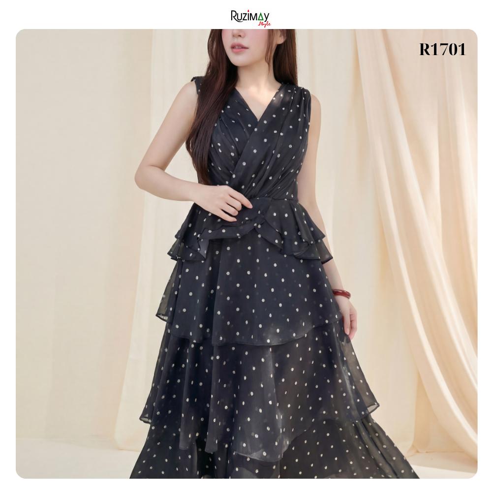 Đầm Maxi Ruzimay Chấm Bi Xếp Tầng Cổ Đắp Chéo R1700