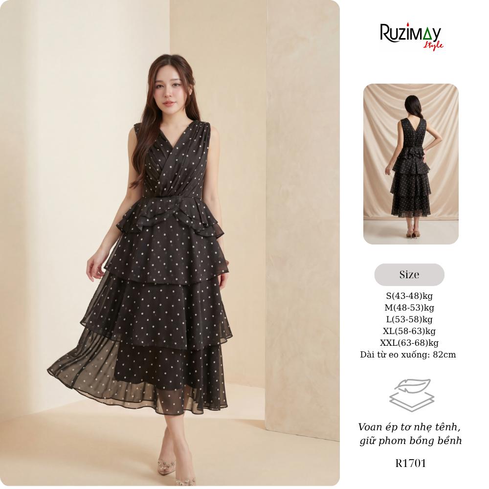 Đầm Maxi Ruzimay Chấm Bi Xếp Tầng Cổ Đắp Chéo R1700