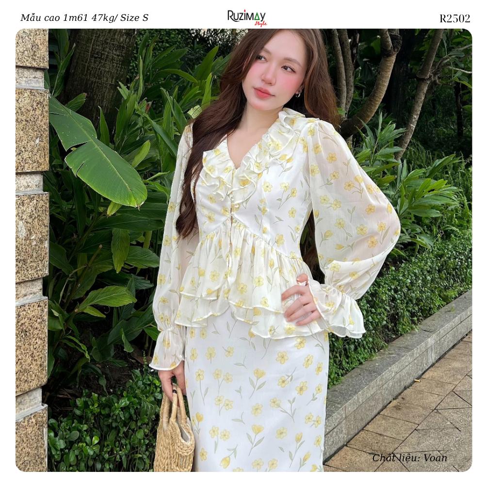 Đầm Maxi Hoa Nhí Cổ V Bèo Tay Dài Dáng Ôm Ruzimay R2500 Floral Peplum