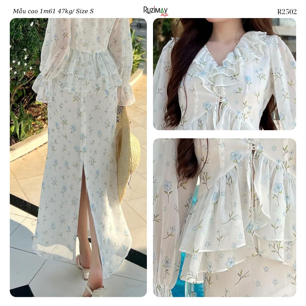 Đầm Maxi Hoa Nhí Cổ V Bèo Tay Dài Dáng Ôm Ruzimay R2500 Floral Peplum
