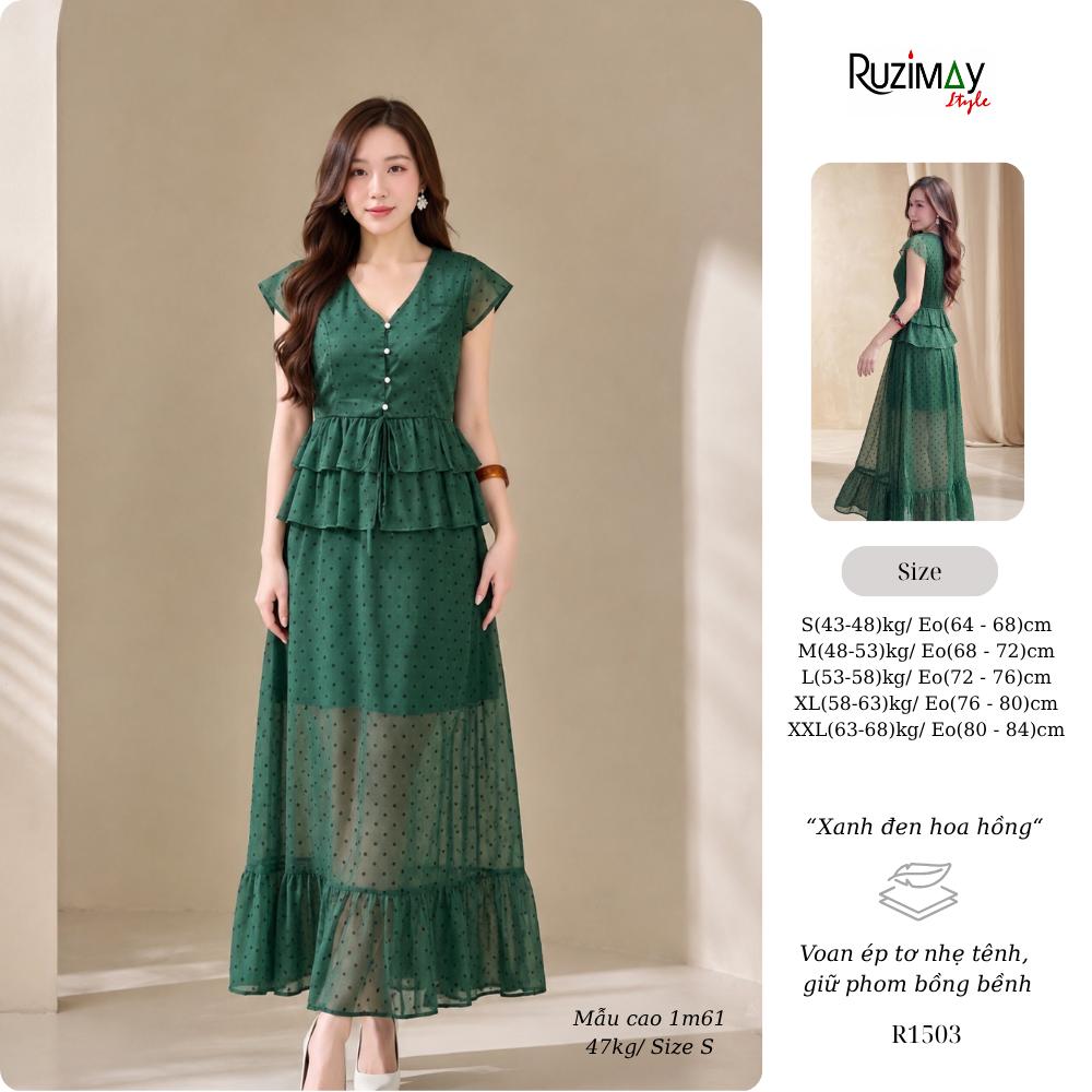 R1500 Đầm maxi Ruzimay tay hến chấm bi voan dáng dài