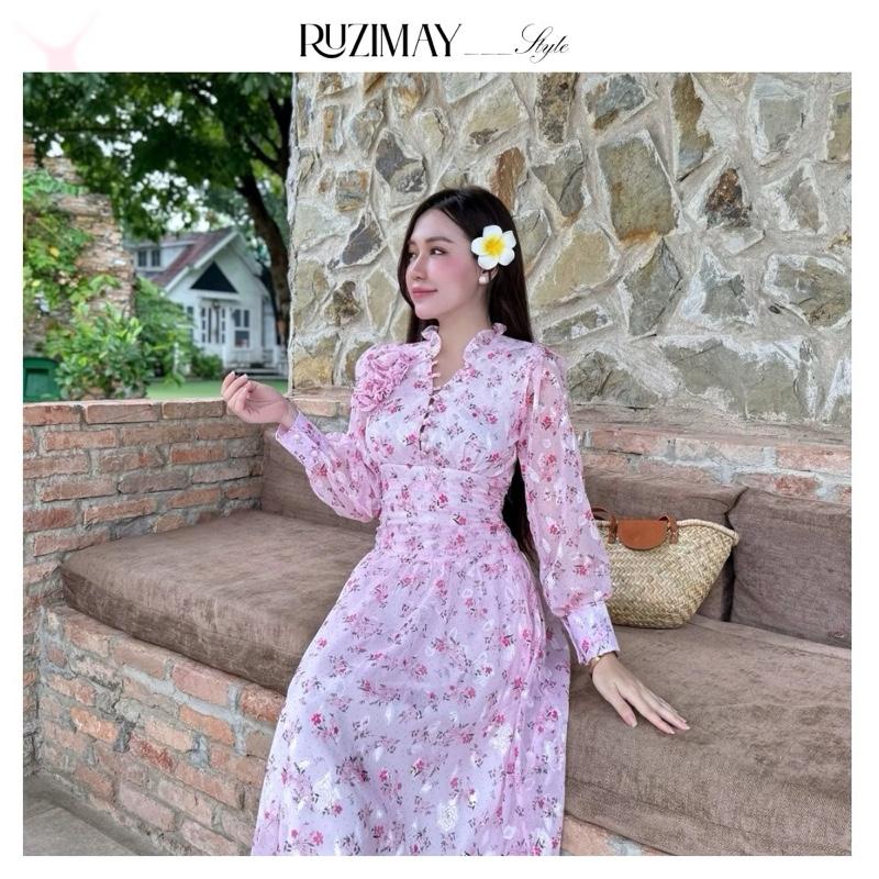 Đầm Maxi Ruzimay Tay Dài Cổ Khuy Bèo R1001