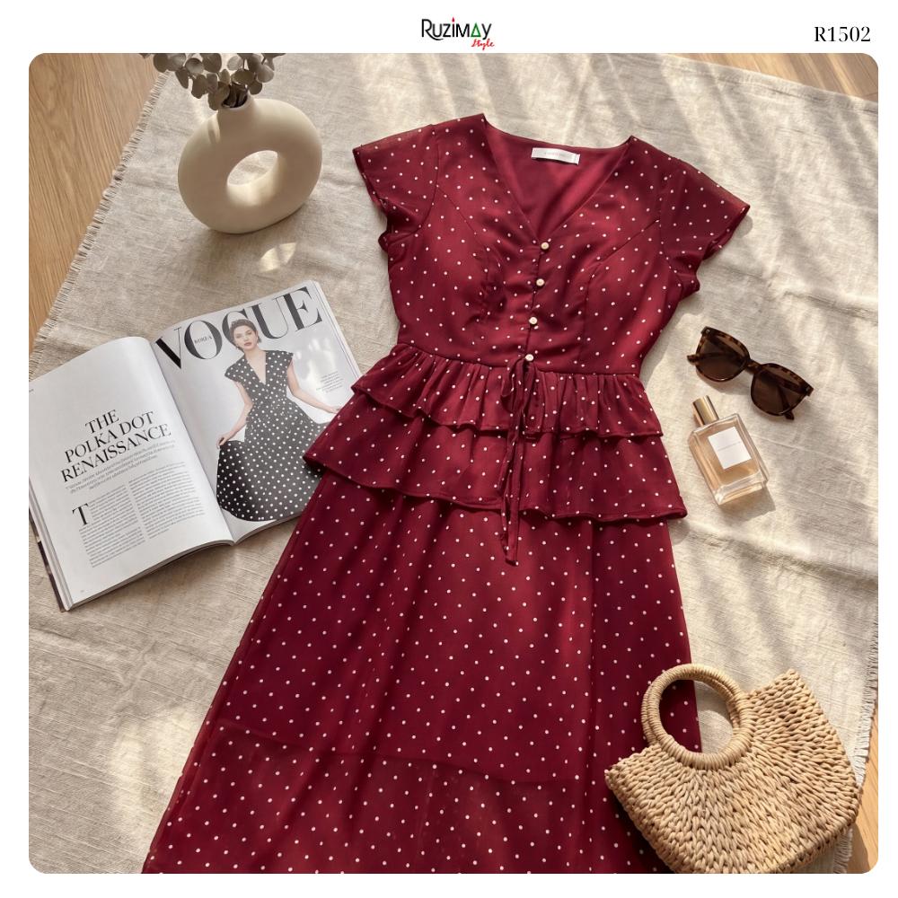 R1500 Đầm maxi Ruzimay tay hến chấm bi voan dáng dài