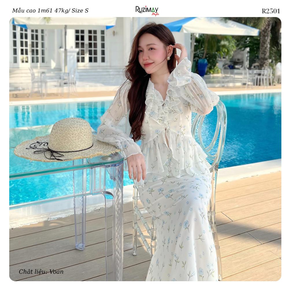 Đầm Maxi Hoa Nhí Cổ V Bèo Tay Dài Dáng Ôm Ruzimay R2500 Floral Peplum