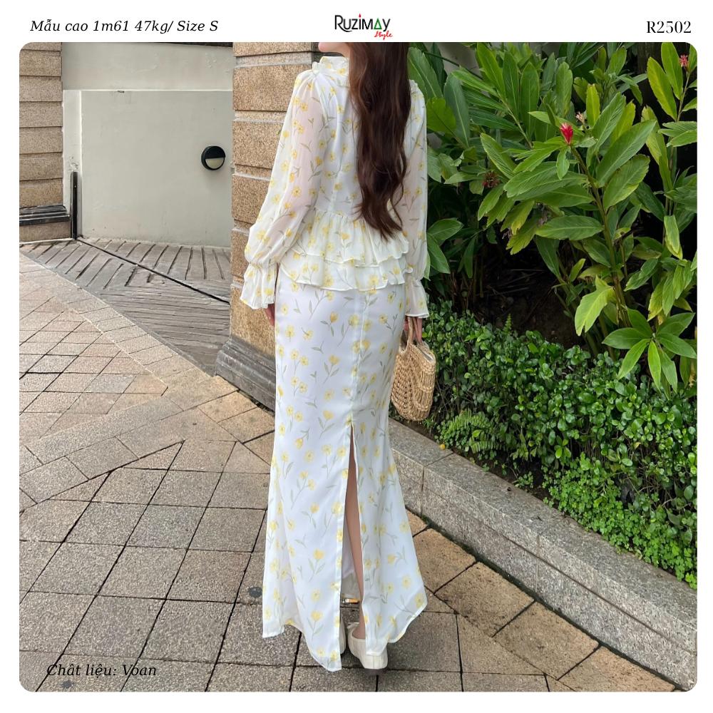 Đầm Maxi Hoa Nhí Cổ V Bèo Tay Dài Dáng Ôm Ruzimay R2500 Floral Peplum