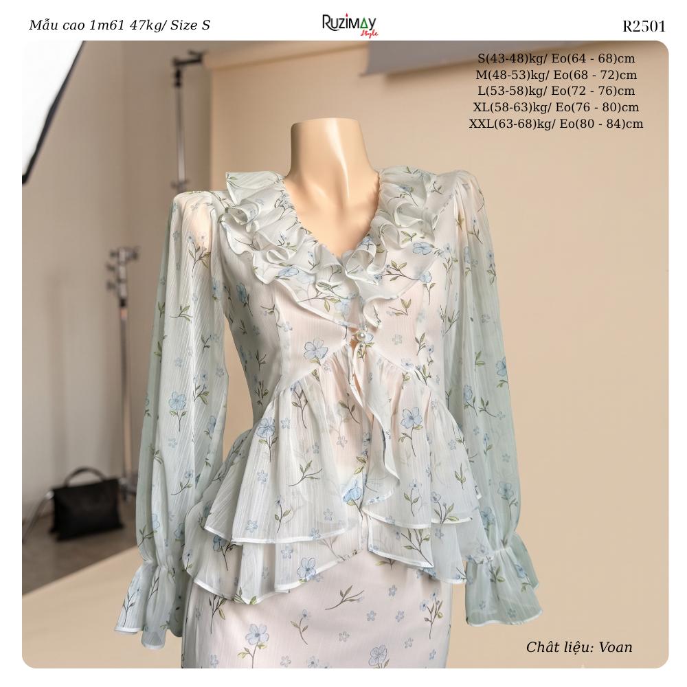 Đầm Maxi Hoa Nhí Cổ V Bèo Tay Dài Dáng Ôm Ruzimay R2500 Floral Peplum
