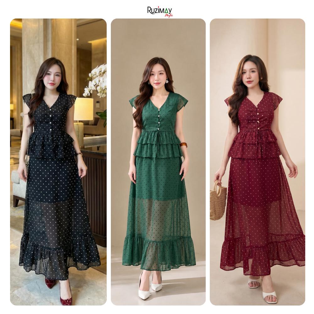 R1500 Đầm maxi Ruzimay tay hến chấm bi voan dáng dài