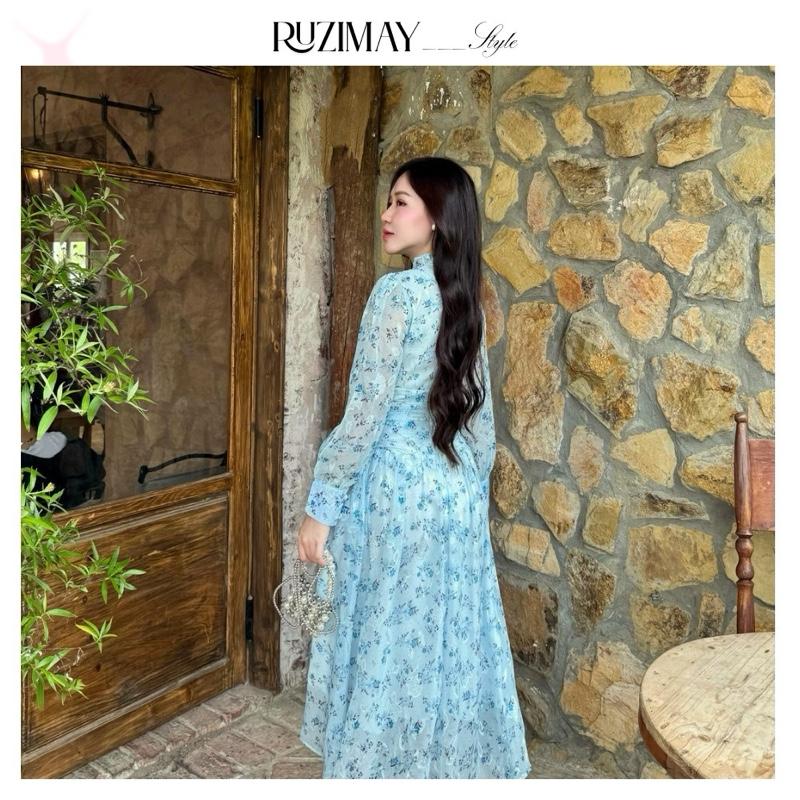 Đầm Maxi Ruzimay Tay Dài Cổ Khuy Bèo R1002