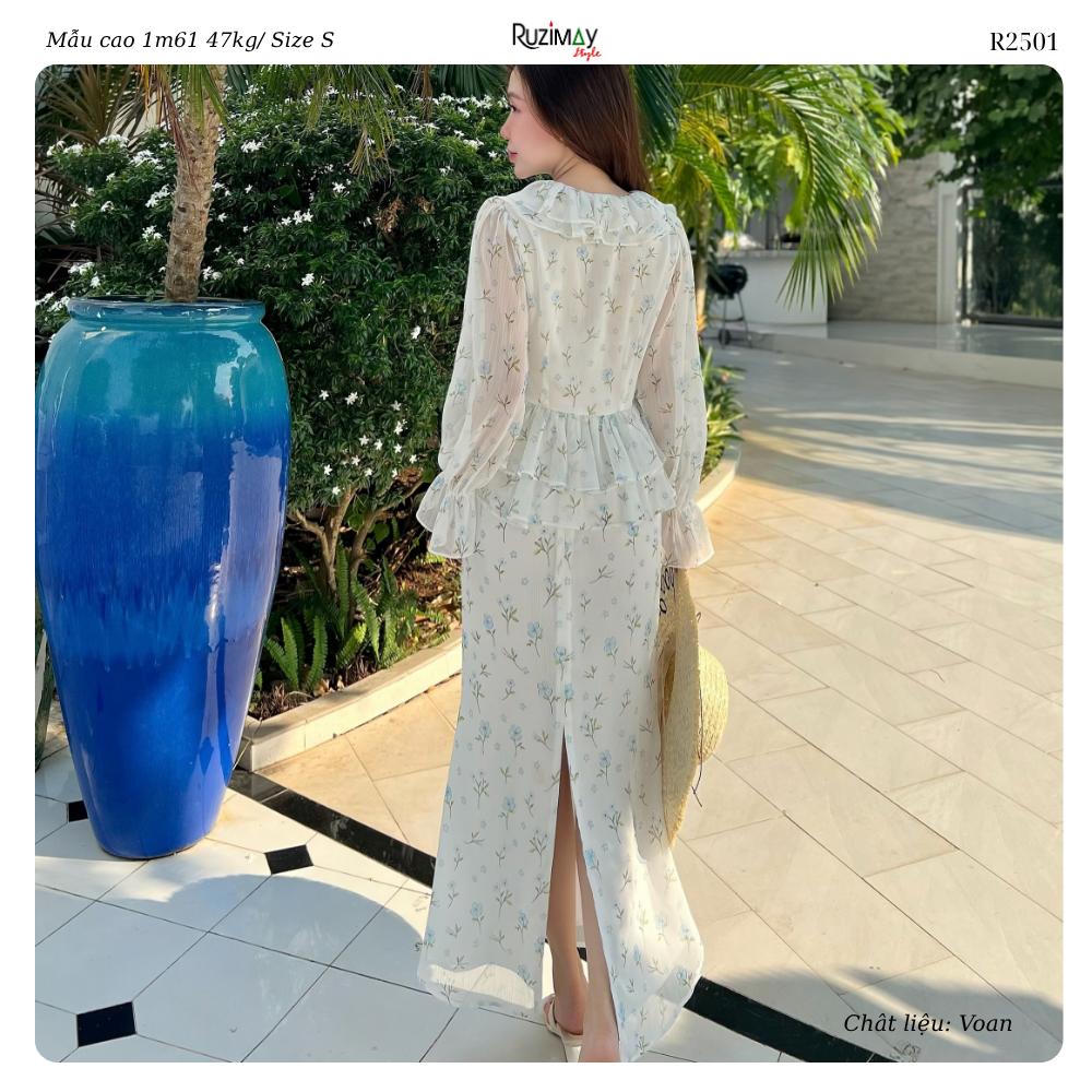 Đầm Maxi Hoa Nhí Cổ V Bèo Tay Dài Dáng Ôm Ruzimay R2500 Floral Peplum
