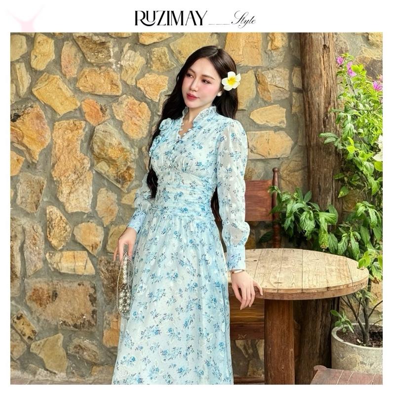 Đầm Maxi Ruzimay Tay Dài Cổ Khuy Bèo R1002