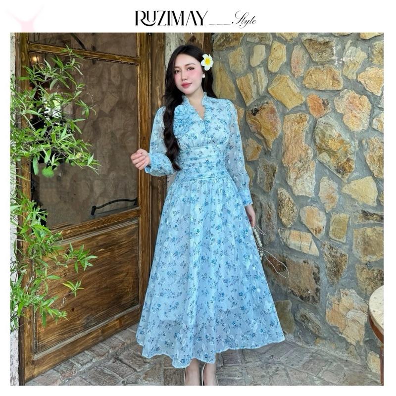 Đầm Maxi Ruzimay Tay Dài Cổ Khuy Bèo R1002