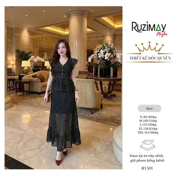 Đầm maxi Ruzimay tay hến chấm bi voan dáng dài R1500