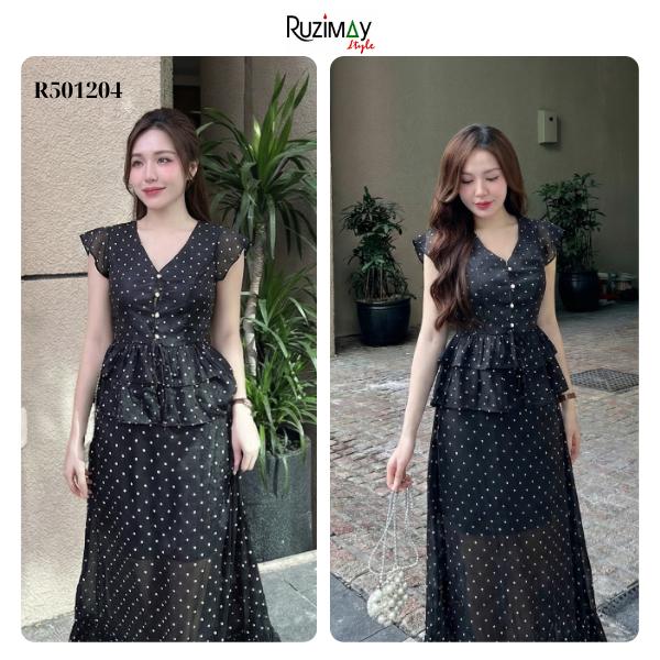 Đầm maxi Ruzimay tay hến chấm bi voan dáng dài R1500