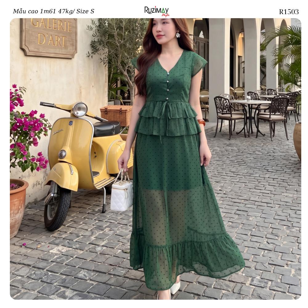 R1500 Đầm maxi Ruzimay tay hến chấm bi voan dáng dài