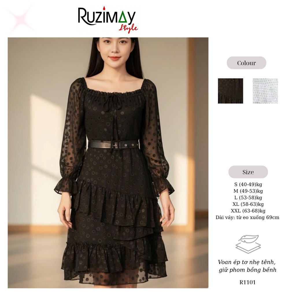 Đầm maxi chấm bi voan đai eo R1100
