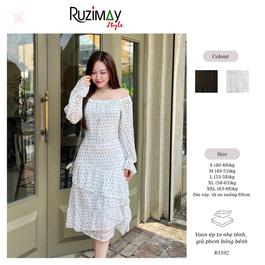 Đầm maxi chấm bi voan đai eo R1100