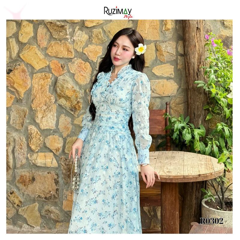 Đầm maxi tay dài cổ bèo khuy R1000