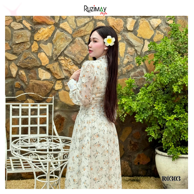 Đầm maxi tay dài cổ bèo khuy R1000