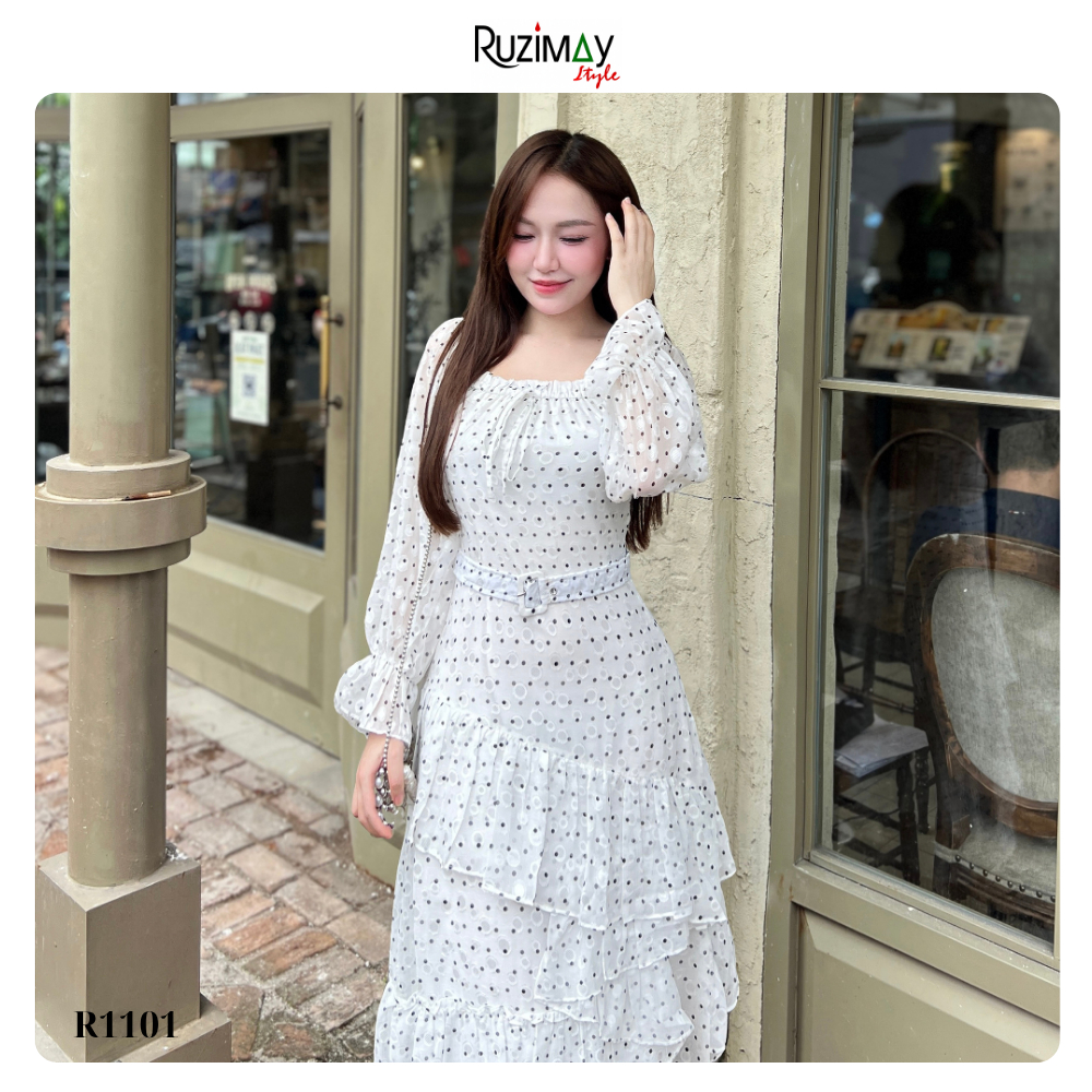 Đầm maxi chấm bi voan đai eo R1100