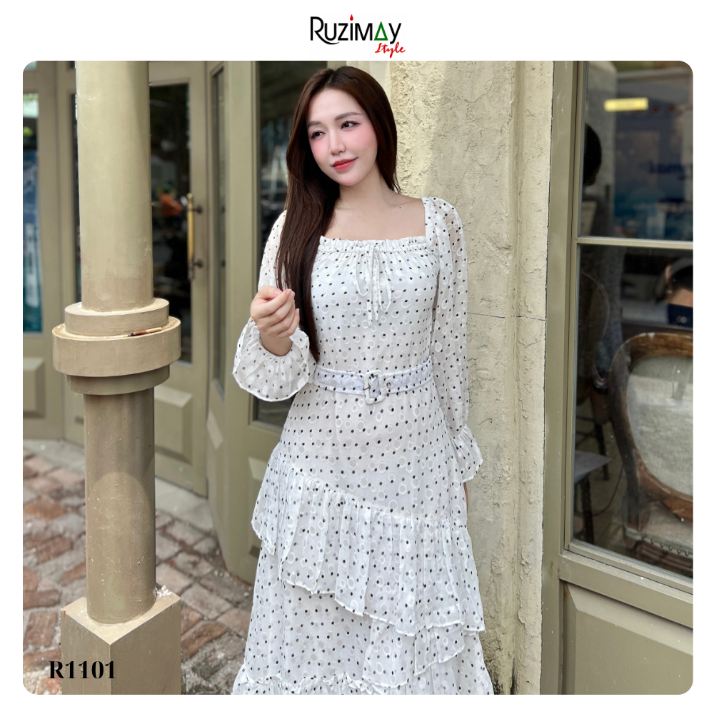 Đầm maxi chấm bi voan đai eo R1100