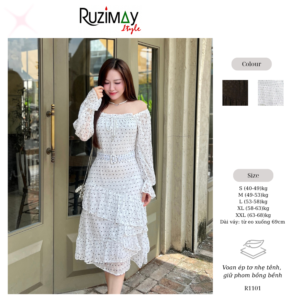 Đầm maxi chấm bi voan đai eo R1100