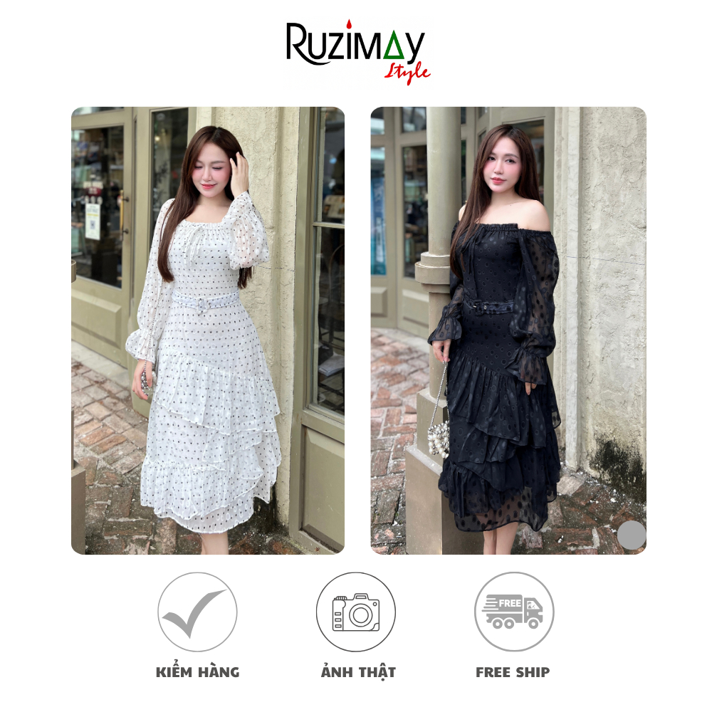 Đầm maxi chấm bi voan đai eo R1100