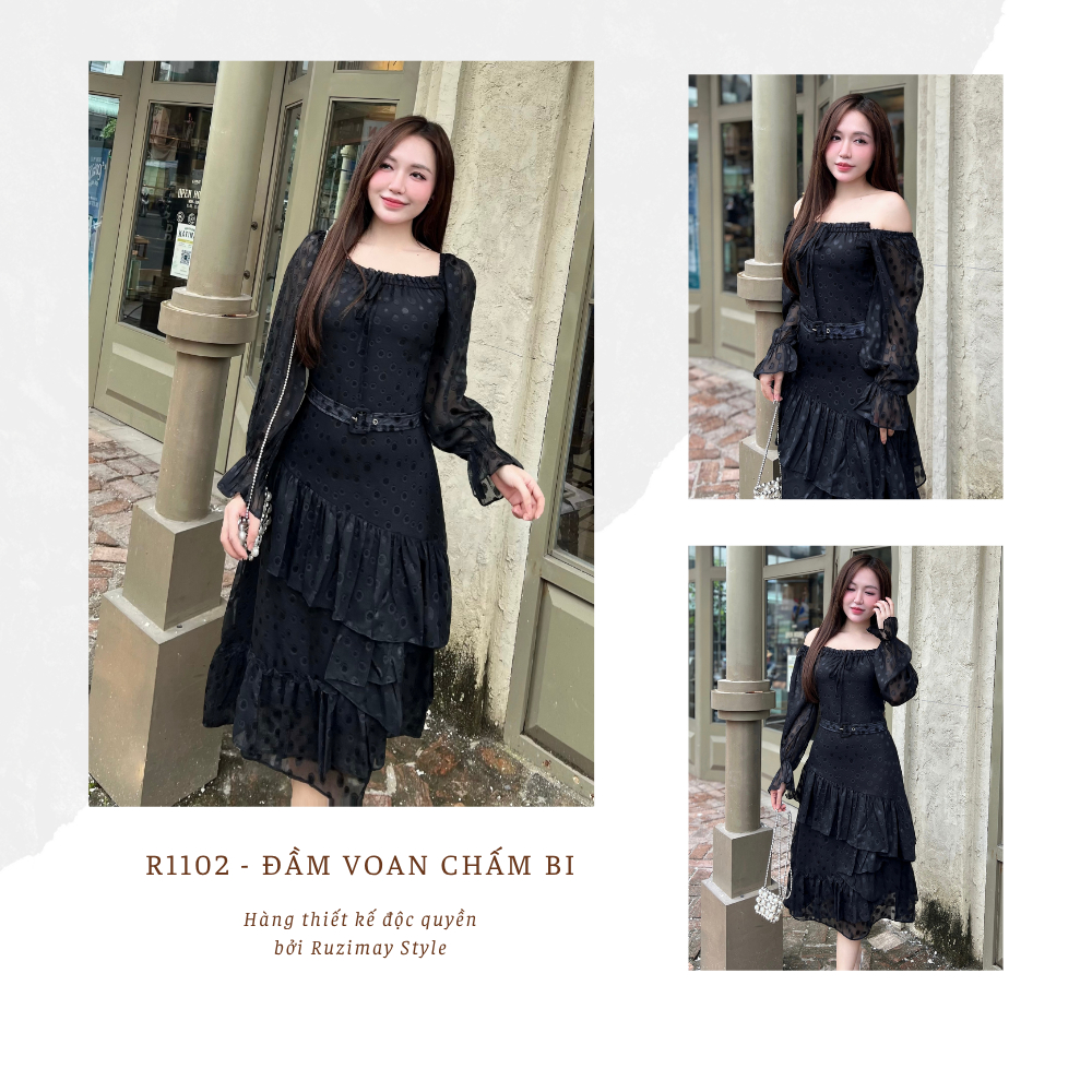 Đầm maxi chấm bi voan đai eo R1100